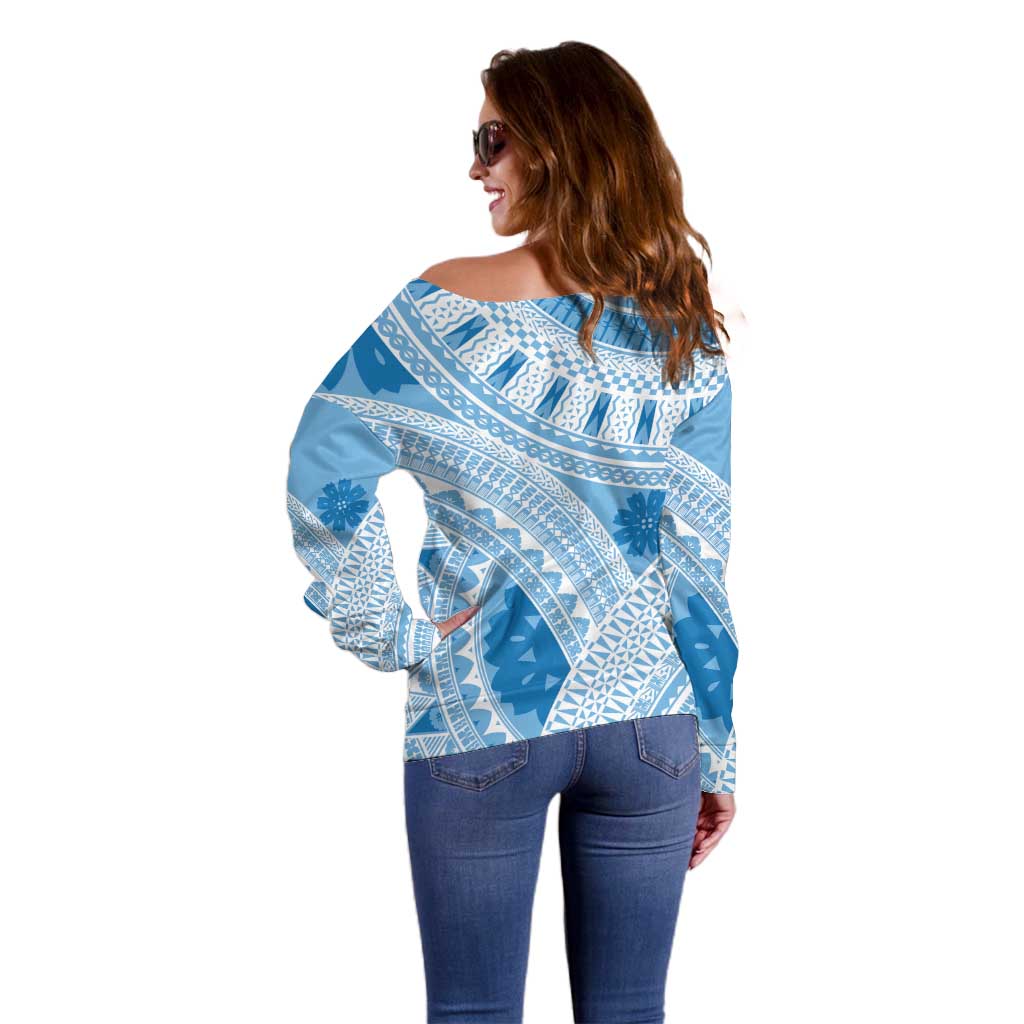 Bula Fiji Classic Masi Tapa Off Shoulder Sweater Turquoise LT7 - Polynesian Pride