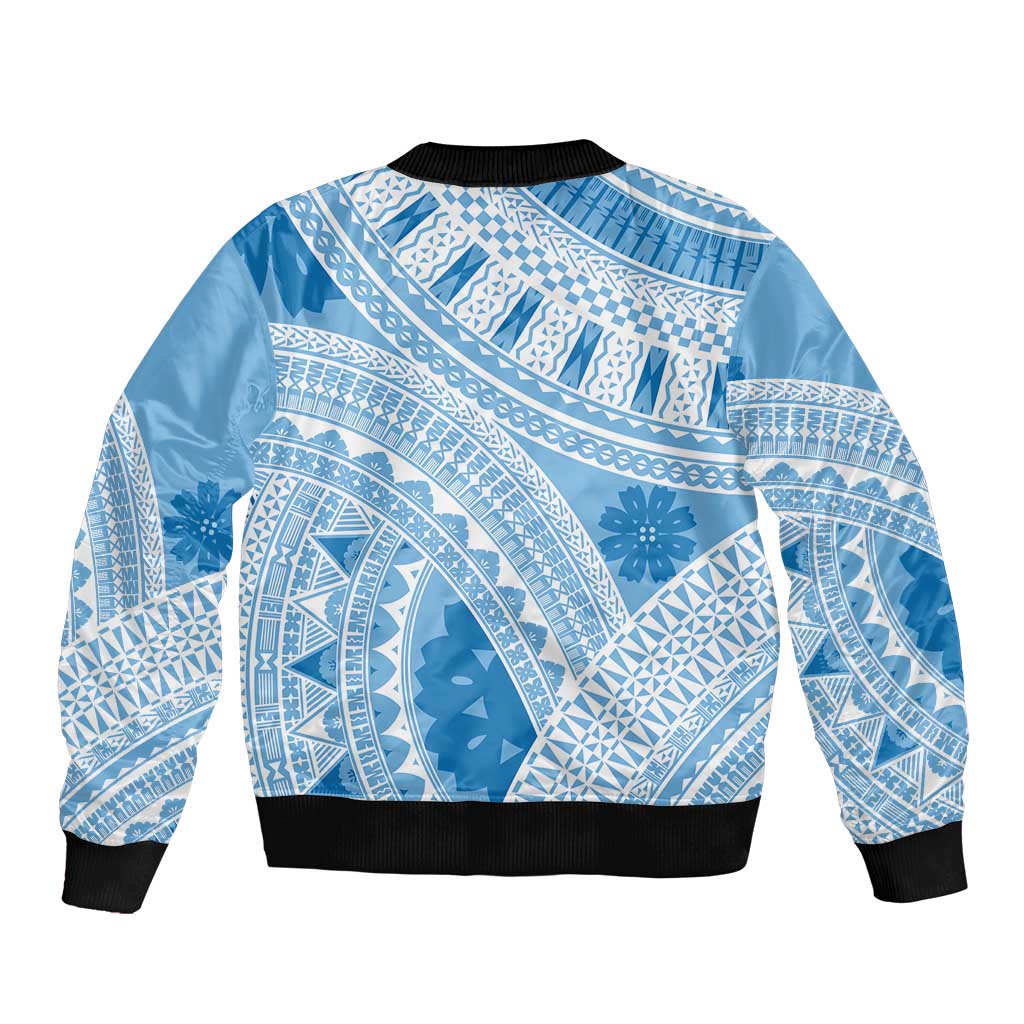 Bula Fiji Classic Masi Tapa Sleeve Zip Bomber Jacket Turquoise LT7 - Polynesian Pride