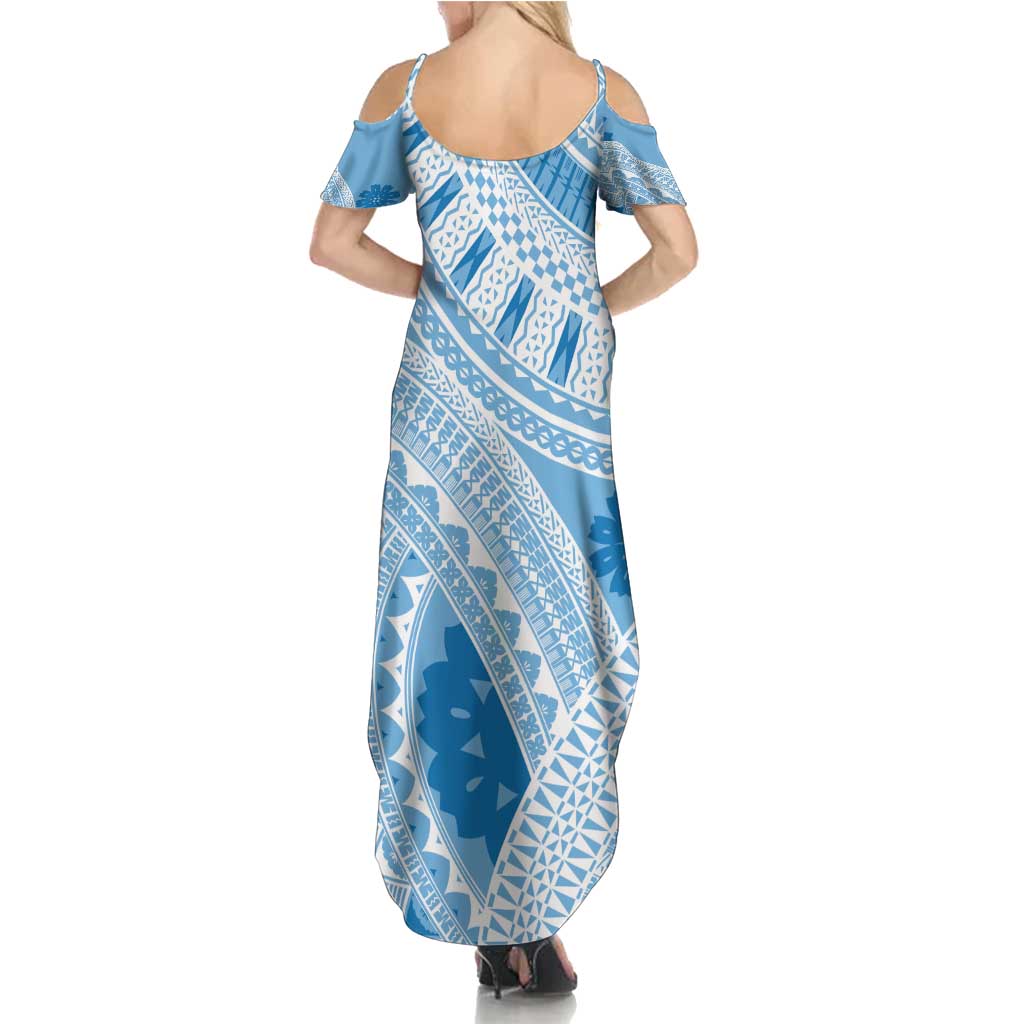 Bula Fiji Classic Masi Tapa Summer Maxi Dress Turquoise LT7 - Polynesian Pride