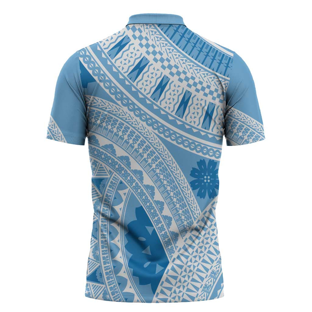 Bula Fiji Classic Masi Tapa Zipper Polo Shirt Turquoise LT7 - Polynesian Pride