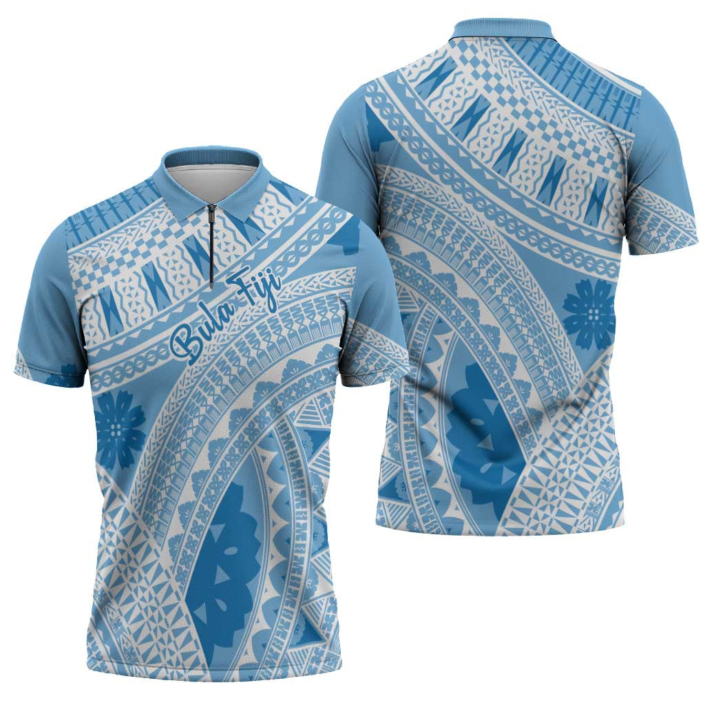 Bula Fiji Classic Masi Tapa Zipper Polo Shirt Turquoise LT7 - Polynesian Pride
