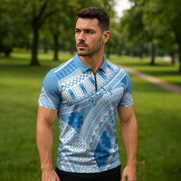 Bula Fiji Classic Masi Tapa Zipper Polo Shirt Turquoise LT7 - Polynesian Pride
