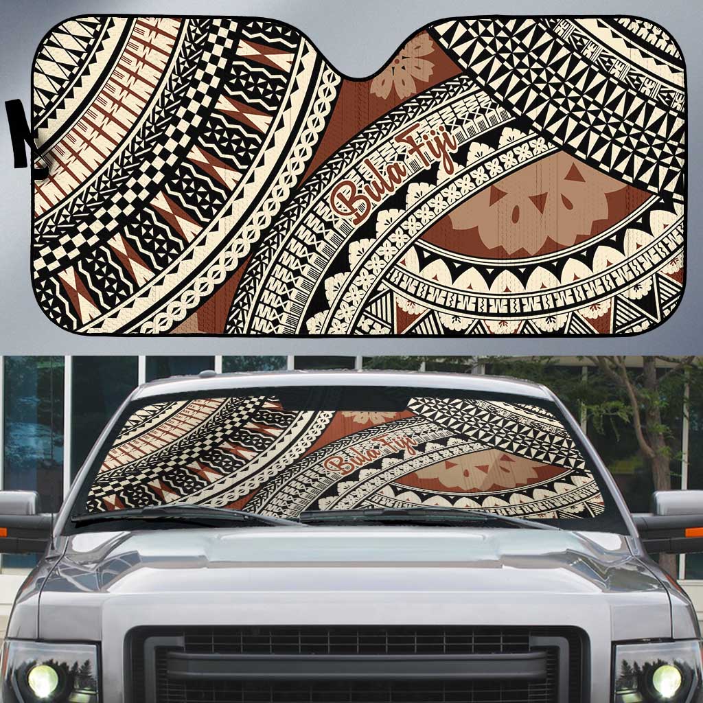 Bula Fiji Classic Masi Tapa Auto Sun Shade Vintage Brown LT7 Brown - Polynesian Pride
