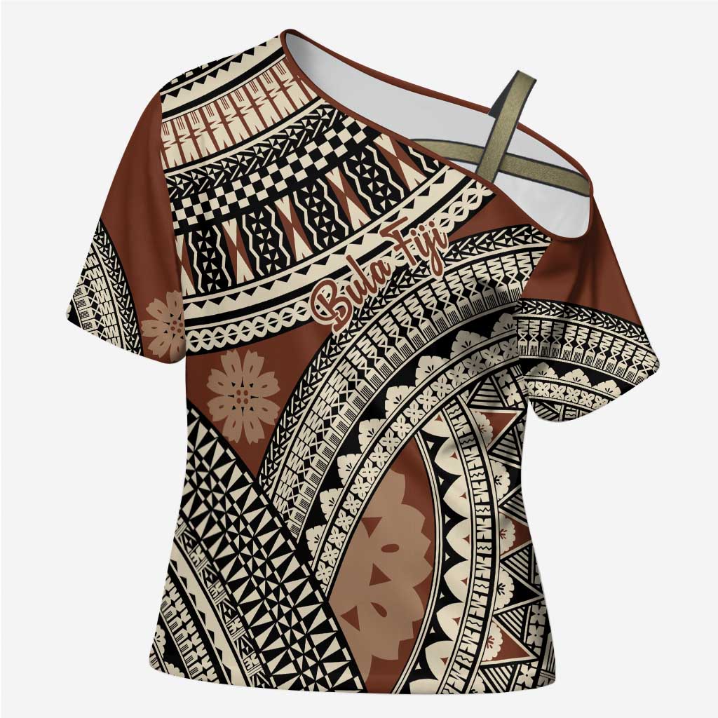 Bula Fiji Classic Masi Tapa Cross Shoulder Shirt Vintage Brown LT7 Female Brown - Polynesian Pride