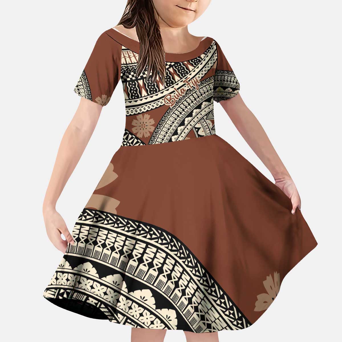 Bula Fiji Classic Masi Tapa Kid Short Sleeve Dress Vintage Brown LT7 KID Brown - Polynesian Pride