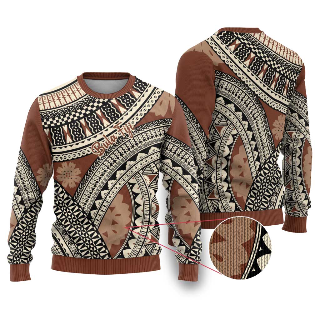 Bula Fiji Classic Masi Tapa Ugly Christmas Sweater Vintage Brown LT7 Brown - Polynesian Pride