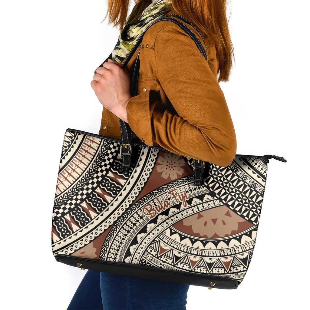 Bula Fiji Classic Masi Tapa Leather Tote Bag Vintage Brown LT7 Brown - Polynesian Pride