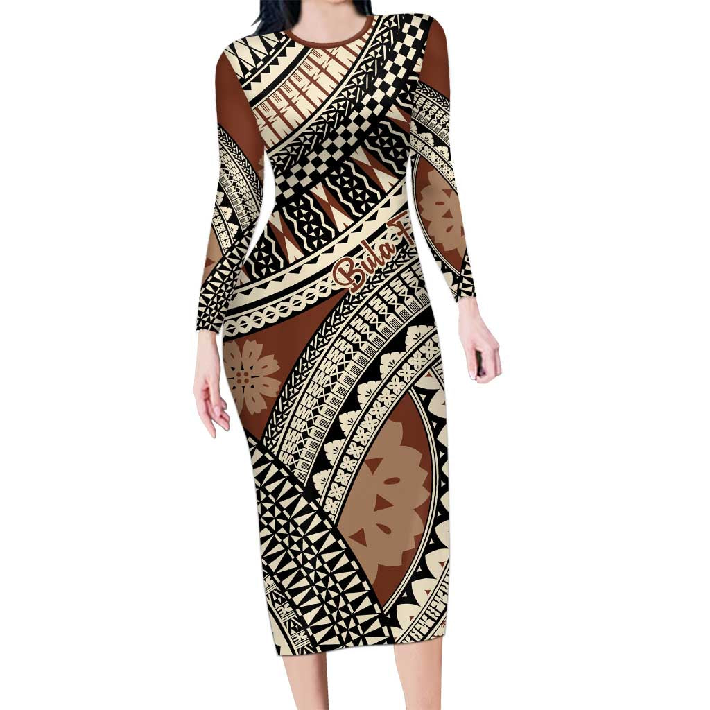 Bula Fiji Classic Masi Tapa Long Sleeve Bodycon Dress Vintage Brown LT7 Long Dress Brown - Polynesian Pride