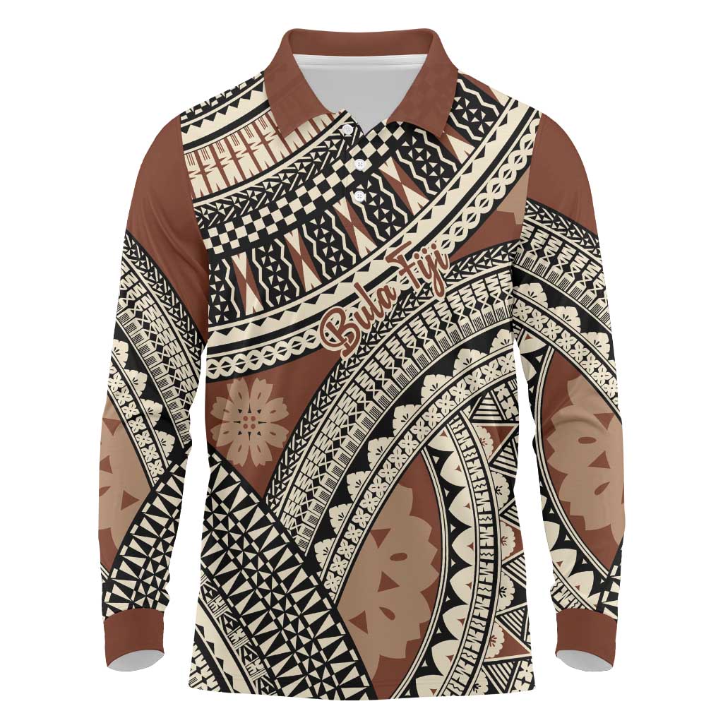 Bula Fiji Classic Masi Tapa Long Sleeve Polo Shirt Vintage Brown LT7 Brown - Polynesian Pride