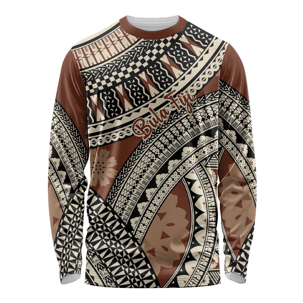 Bula Fiji Classic Masi Tapa Long Sleeve Shirt Vintage Brown LT7 Unisex Brown - Polynesian Pride