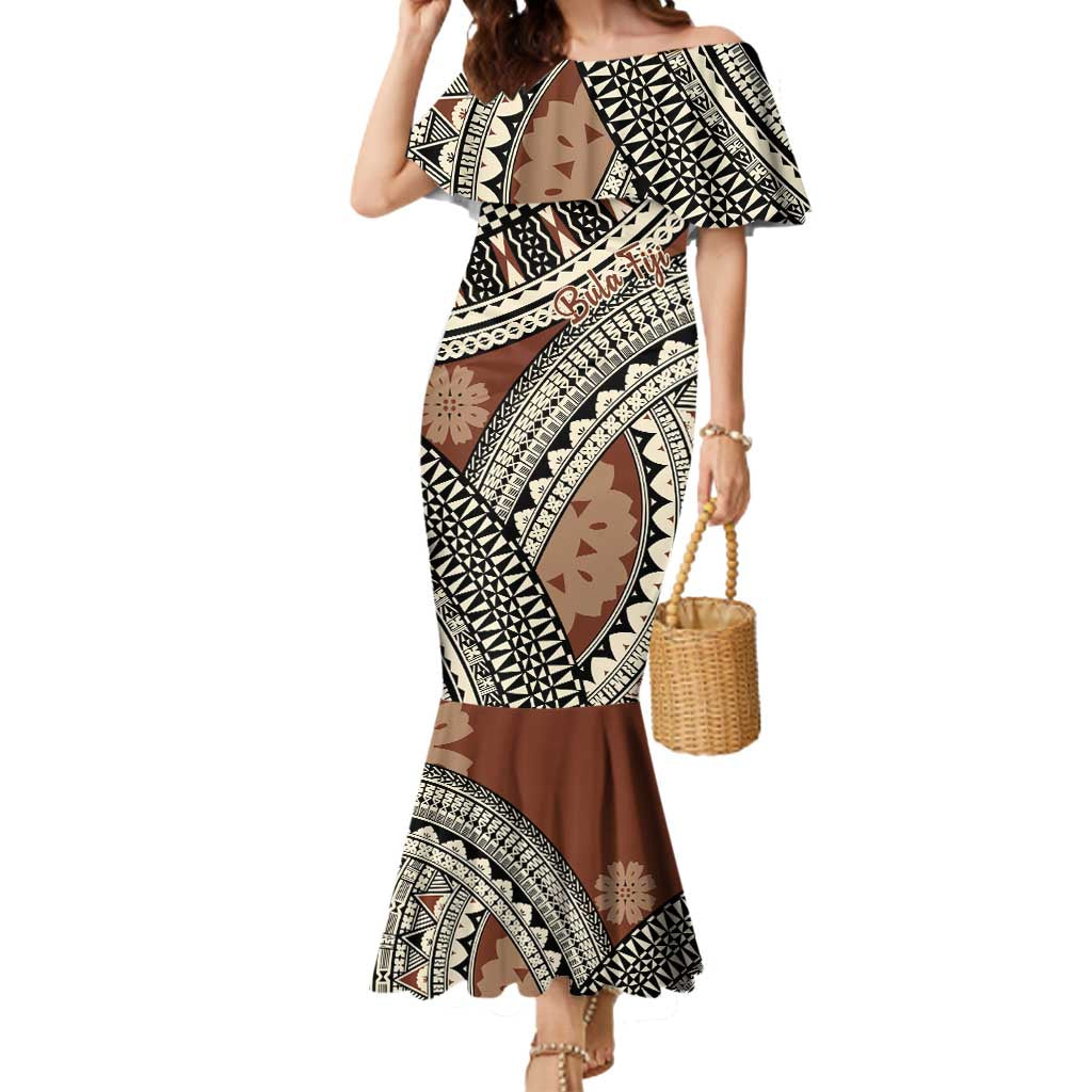 Bula Fiji Classic Masi Tapa Mermaid Dress Vintage Brown LT7 Women Brown - Polynesian Pride