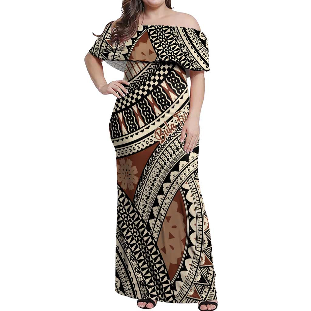 Bula Fiji Classic Masi Tapa Off Shoulder Maxi Dress Vintage Brown LT7 Women Brown - Polynesian Pride