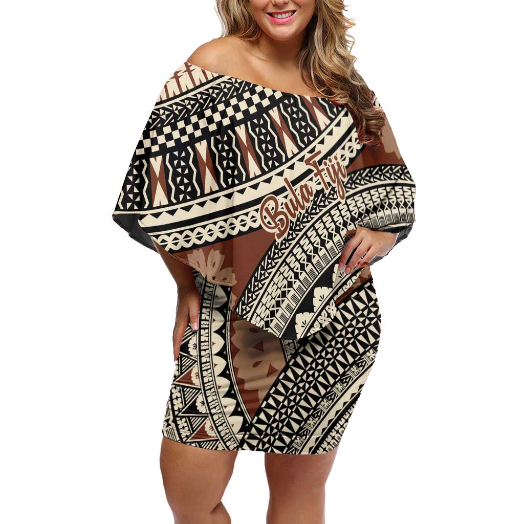 Bula Fiji Classic Masi Tapa Off Shoulder Short Dress Vintage Brown LT7 Women Brown - Polynesian Pride