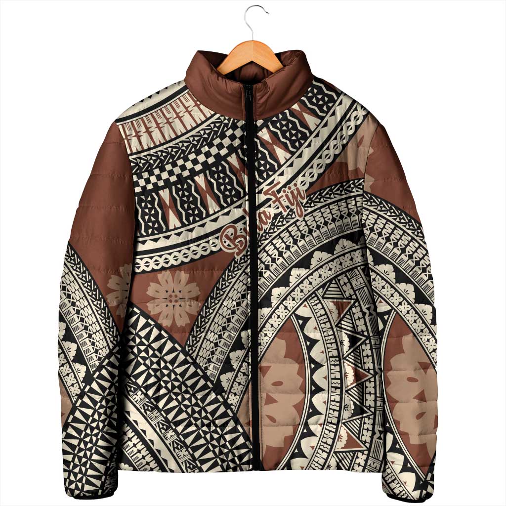Bula Fiji Classic Masi Tapa Padded Jacket Vintage Brown LT7 - Polynesian Pride