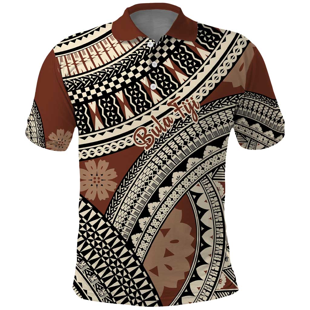 Bula Fiji Classic Masi Tapa Polo Shirt Vintage Brown LT7 Brown - Polynesian Pride