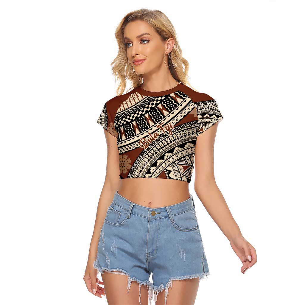 Bula Fiji Classic Masi Tapa Raglan Cropped T Shirt Vintage Brown LT7 Female Brown - Polynesian Pride
