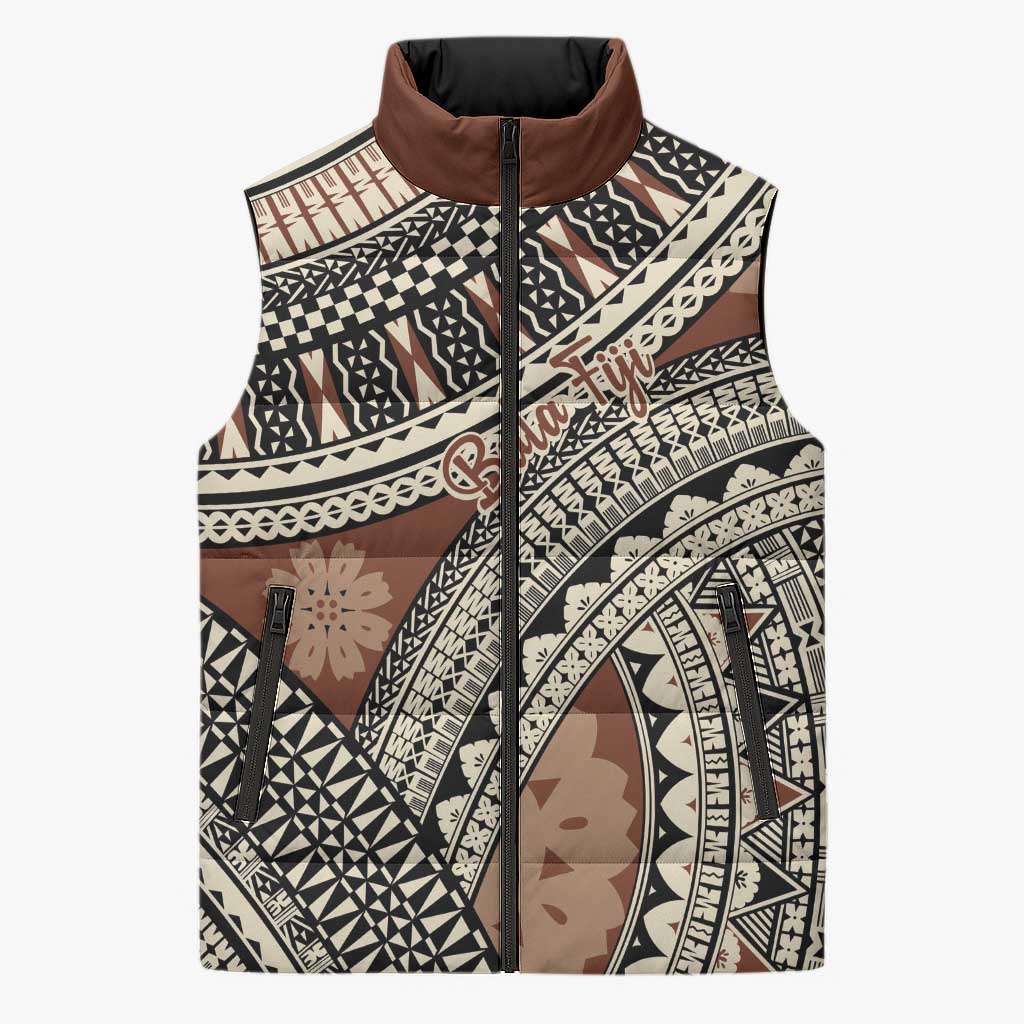 Bula Fiji Classic Masi Tapa Sleeveless Puffer Jacket Vintage Brown LT7 Unisex Brown - Polynesian Pride