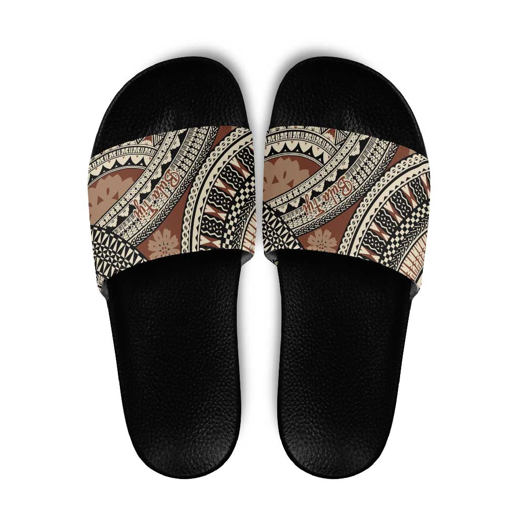Bula Fiji Classic Masi Tapa Slide Sandals Vintage Brown LT7 Brown - Polynesian Pride