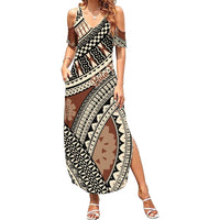 Bula Fiji Classic Masi Tapa Summer Maxi Dress Vintage Brown LT7 Women Brown - Polynesian Pride