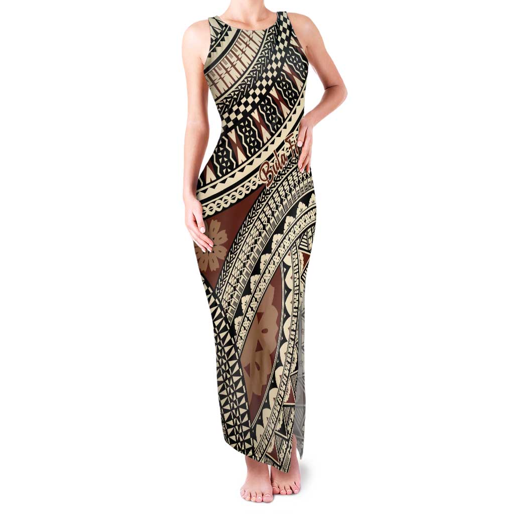 Bula Fiji Classic Masi Tapa Tank Maxi Dress Vintage Brown LT7 Women Brown - Polynesian Pride