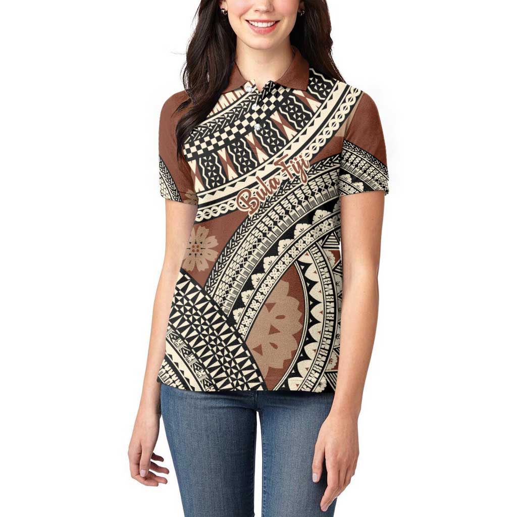 Bula Fiji Classic Masi Tapa Women Polo Shirt Vintage Brown LT7 - Polynesian Pride