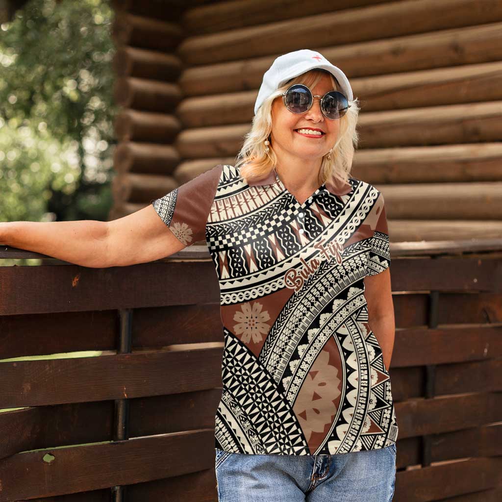 Bula Fiji Classic Masi Tapa Women Polo Shirt Vintage Brown LT7 - Polynesian Pride