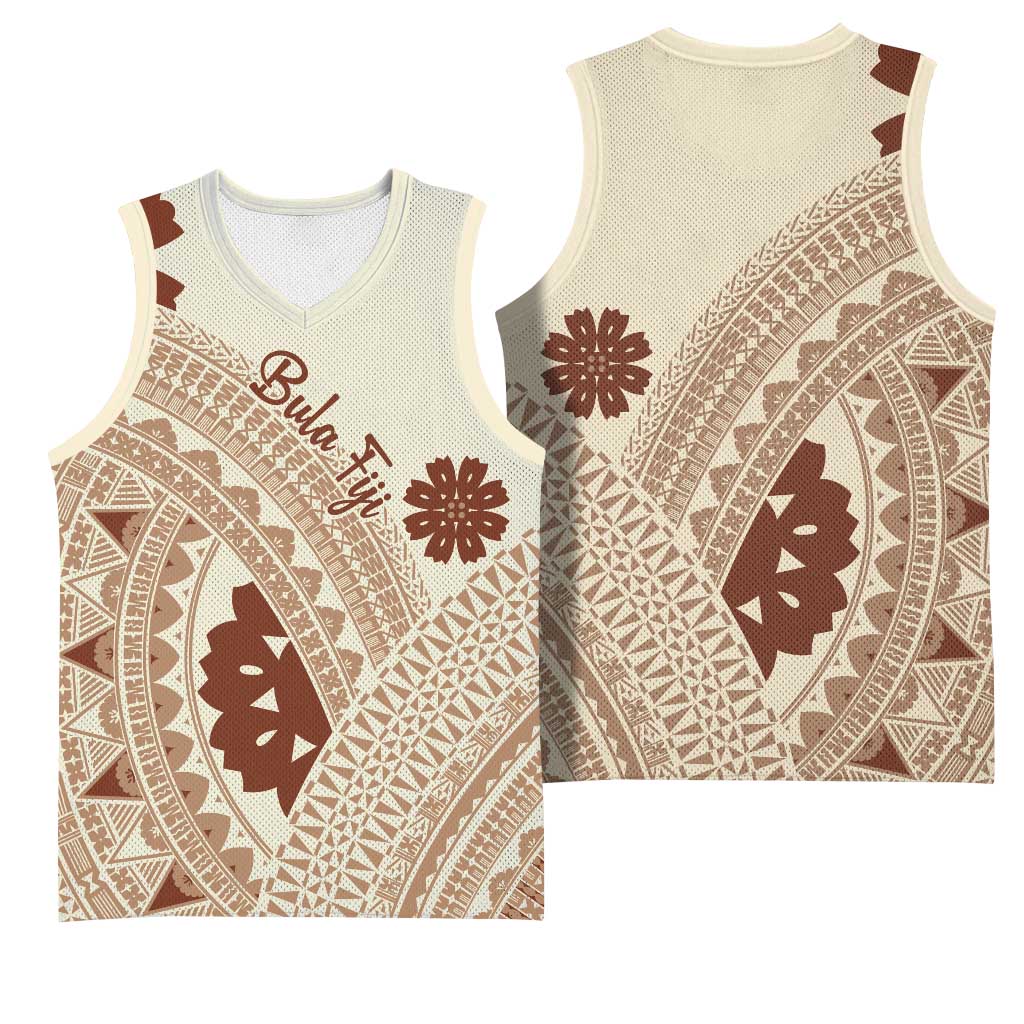 Bula Fiji Classic Masi Tapa Basketball Jersey Vintage Beige LT7 - Polynesian Pride