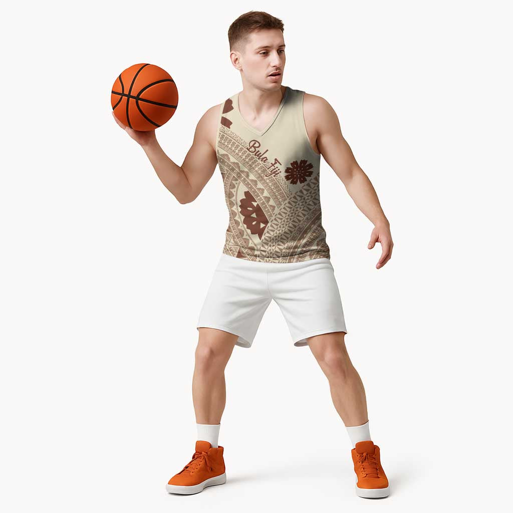 Bula Fiji Classic Masi Tapa Basketball Jersey Vintage Beige LT7 - Polynesian Pride