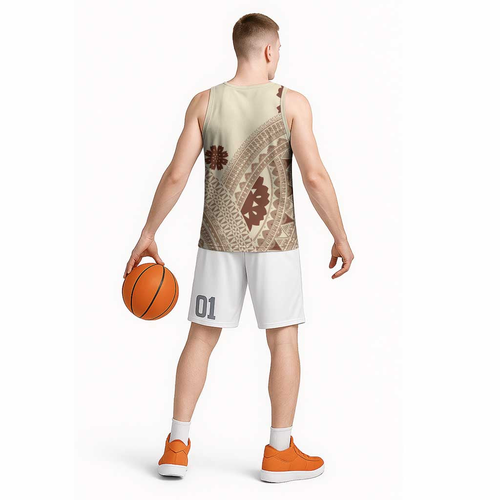 Bula Fiji Classic Masi Tapa Basketball Jersey Vintage Beige LT7 - Polynesian Pride