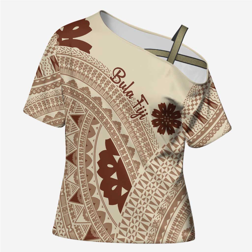 Bula Fiji Classic Masi Tapa Cross Shoulder Shirt Vintage Beige LT7 Female Beige - Polynesian Pride