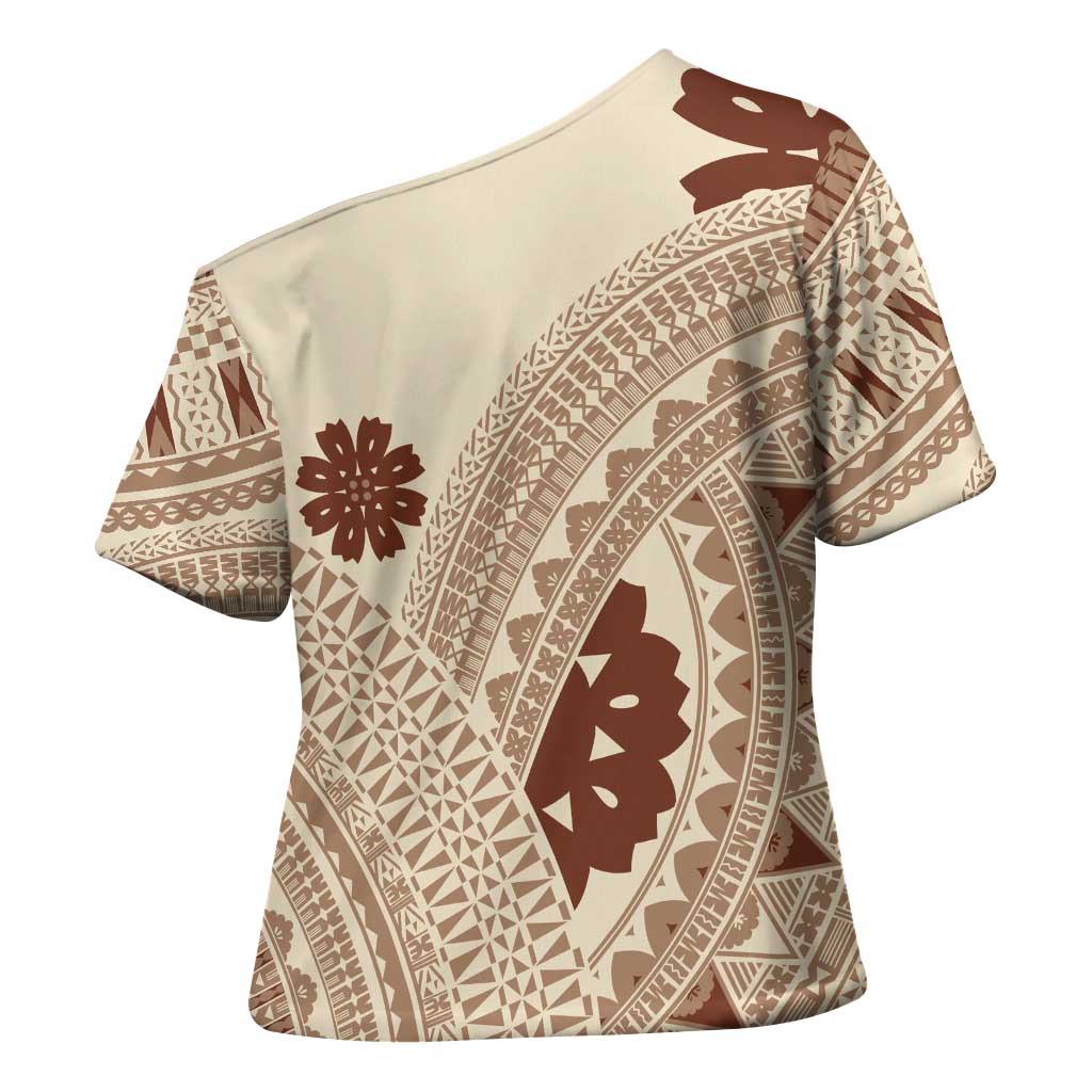 Bula Fiji Classic Masi Tapa Cross Shoulder Shirt Vintage Beige LT7 - Polynesian Pride