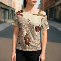 Bula Fiji Classic Masi Tapa Cross Shoulder Shirt Vintage Beige LT7 - Polynesian Pride