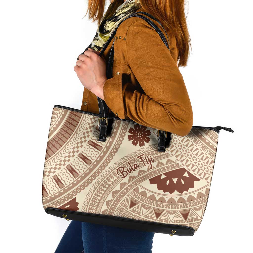 Bula Fiji Classic Masi Tapa Leather Tote Bag Vintage Beige LT7 Beige - Polynesian Pride
