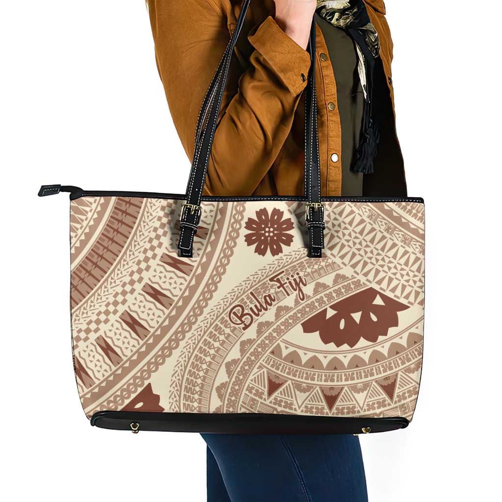 Bula Fiji Classic Masi Tapa Leather Tote Bag Vintage Beige LT7 - Polynesian Pride