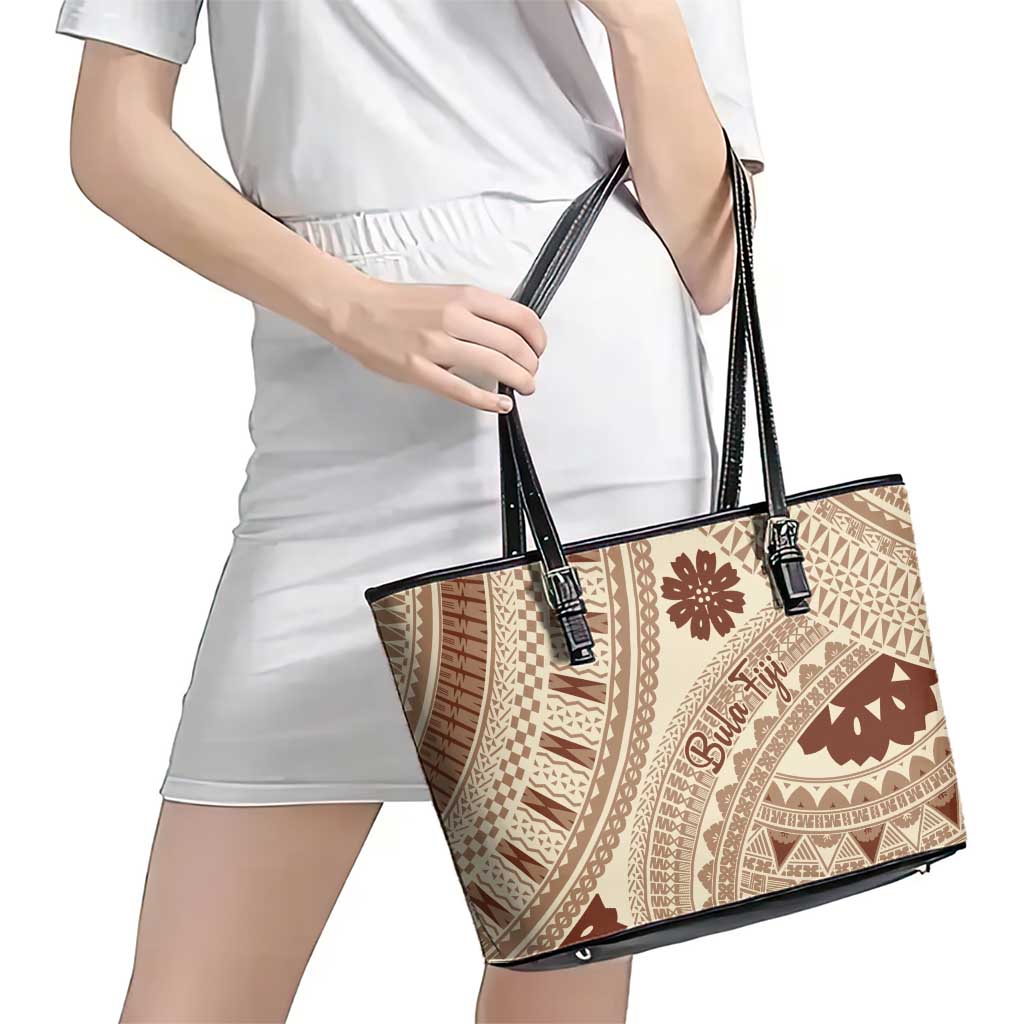 Bula Fiji Classic Masi Tapa Leather Tote Bag Vintage Beige LT7 - Polynesian Pride