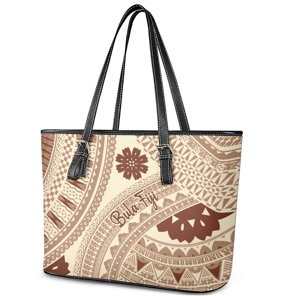 Bula Fiji Classic Masi Tapa Leather Tote Bag Vintage Beige LT7 - Polynesian Pride