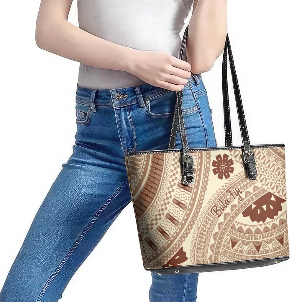 Bula Fiji Classic Masi Tapa Leather Tote Bag Vintage Beige LT7 - Polynesian Pride