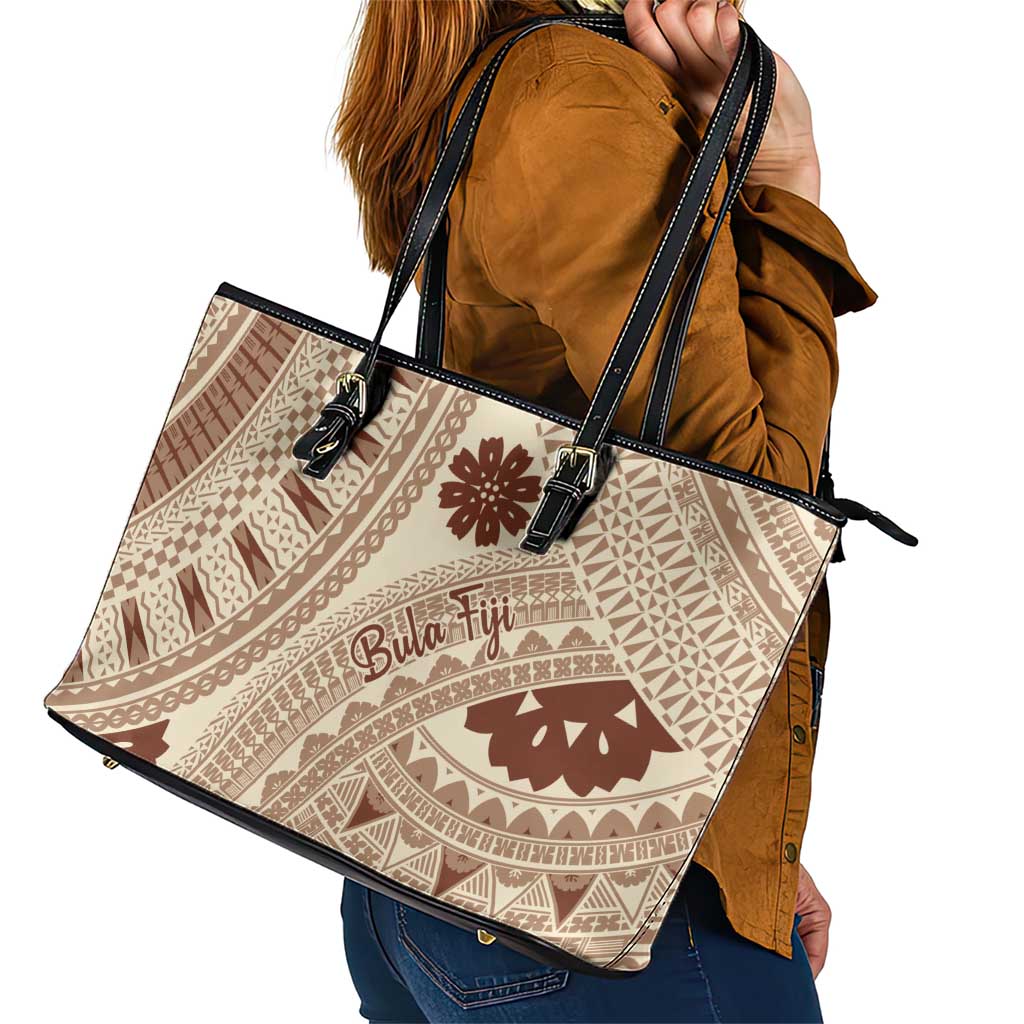 Bula Fiji Classic Masi Tapa Leather Tote Bag Vintage Beige LT7 - Polynesian Pride