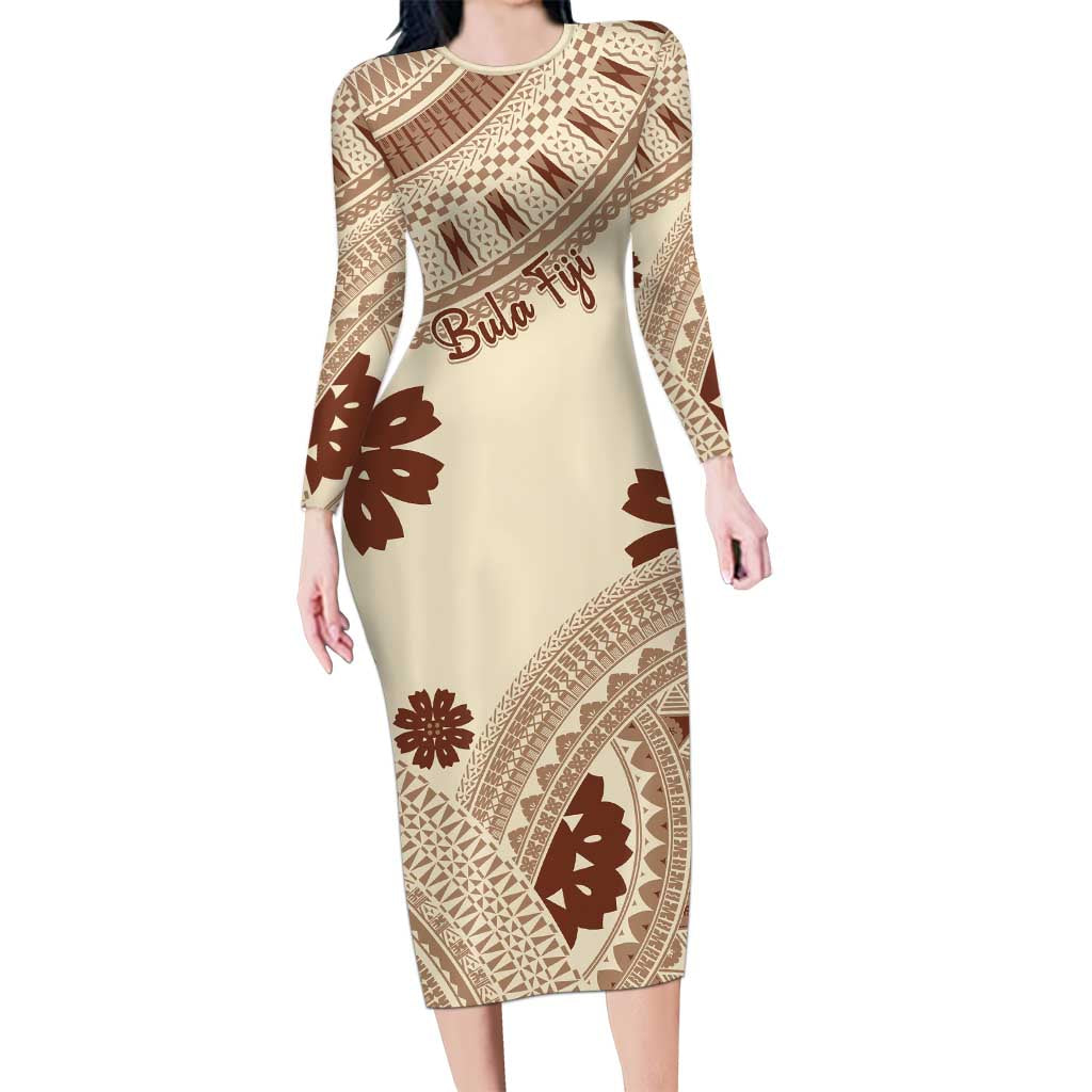 Bula Fiji Classic Masi Tapa Long Sleeve Bodycon Dress Vintage Beige LT7 Long Dress Beige - Polynesian Pride