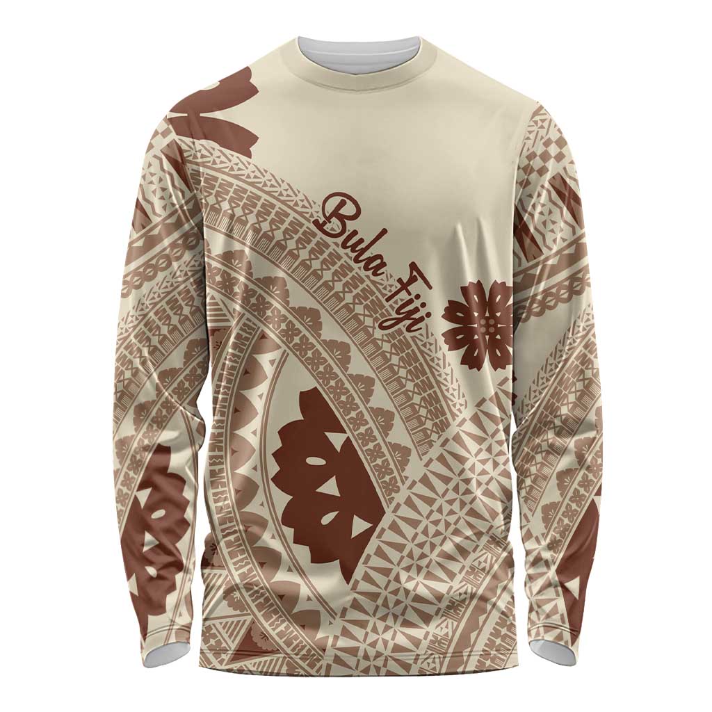 Bula Fiji Classic Masi Tapa Long Sleeve Shirt Vintage Beige LT7 Unisex Beige - Polynesian Pride