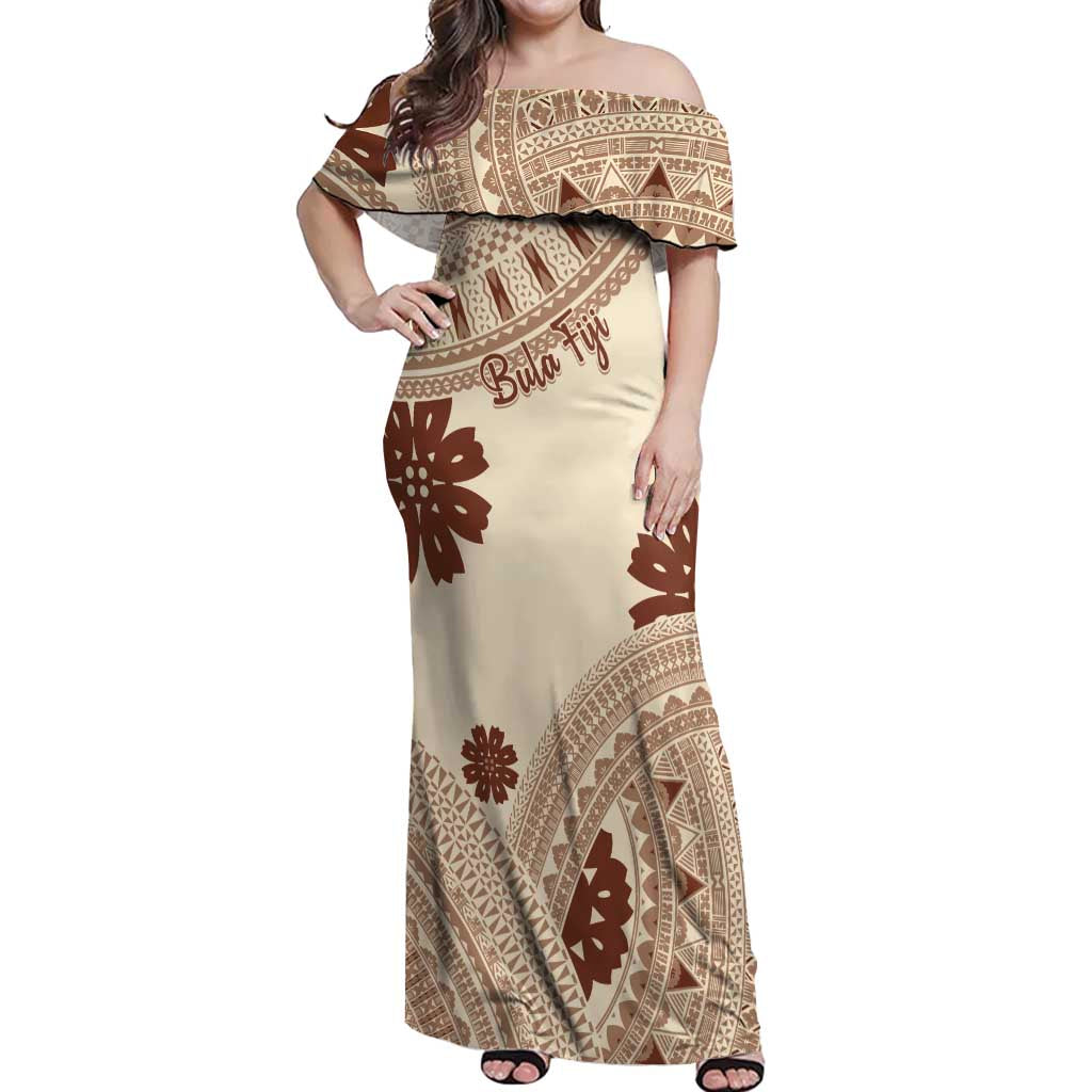 Bula Fiji Classic Masi Tapa Off Shoulder Maxi Dress Vintage Beige LT7 Women Beige - Polynesian Pride