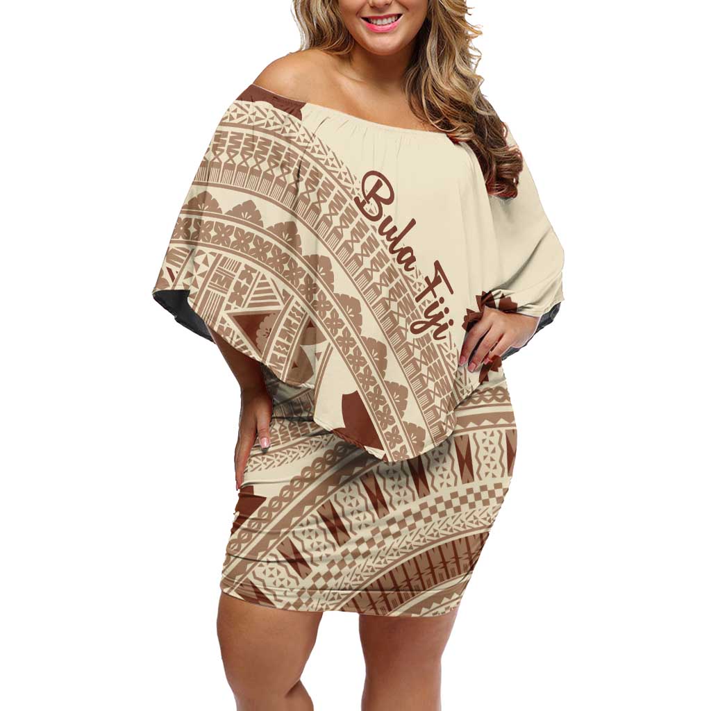 Bula Fiji Classic Masi Tapa Off Shoulder Short Dress Vintage Beige LT7 Women Beige - Polynesian Pride