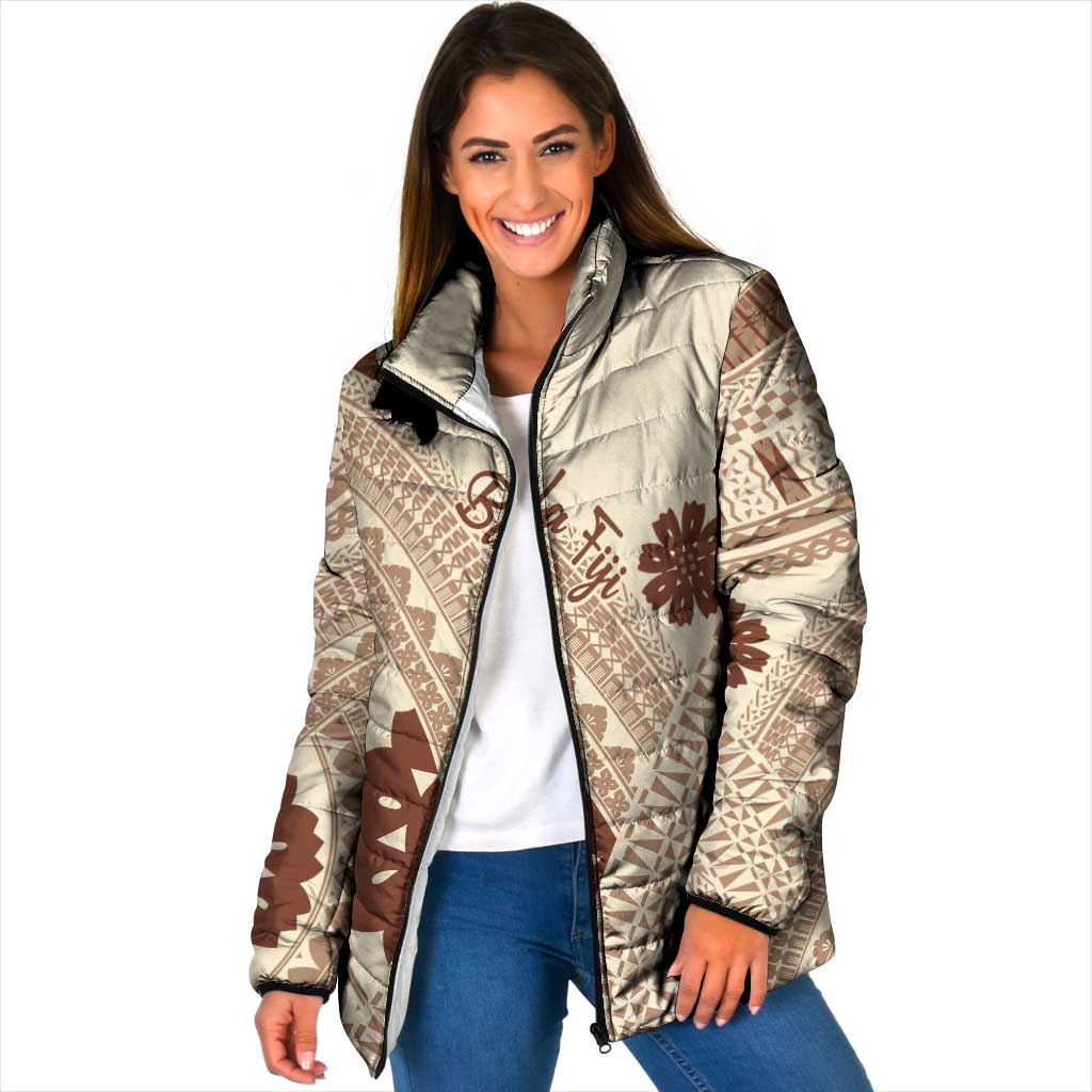 Bula Fiji Classic Masi Tapa Padded Jacket Vintage Beige LT7 Women Beige - Polynesian Pride