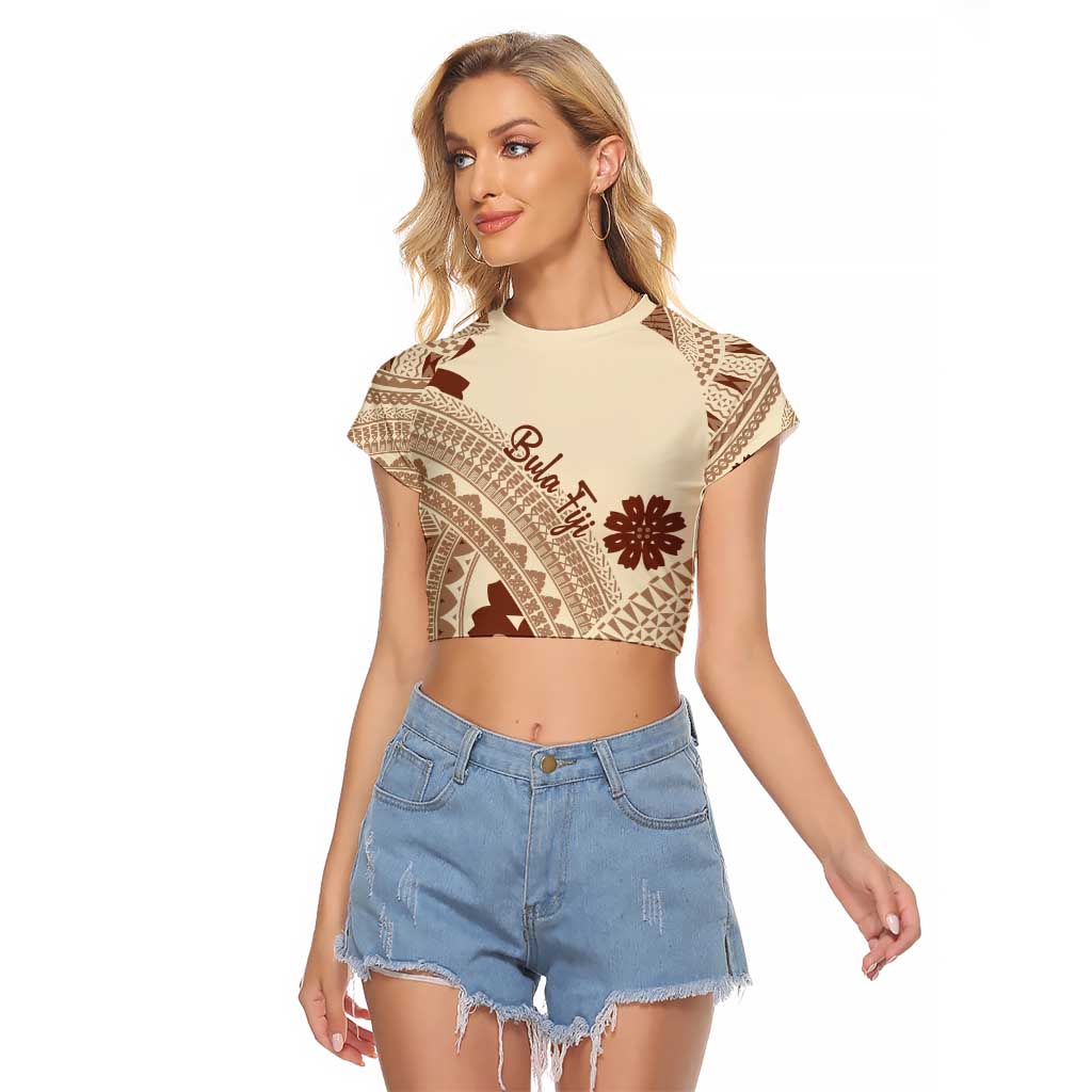 Bula Fiji Classic Masi Tapa Raglan Cropped T Shirt Vintage Beige LT7 Female Beige - Polynesian Pride