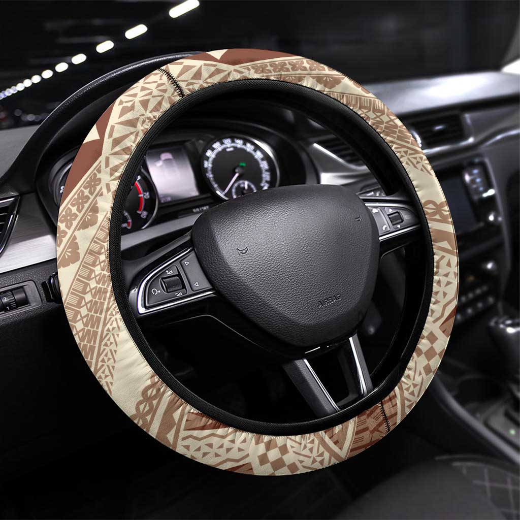 Bula Fiji Classic Masi Tapa Steering Wheel Cover Vintage Beige LT7 Universal Fit Beige - Polynesian Pride