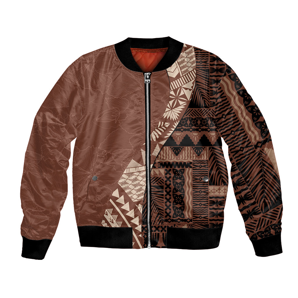 Bula Fiji Bomber Jacket Tribal Masi Tapa - Brown LT7 Unisex Brown - Polynesian Pride