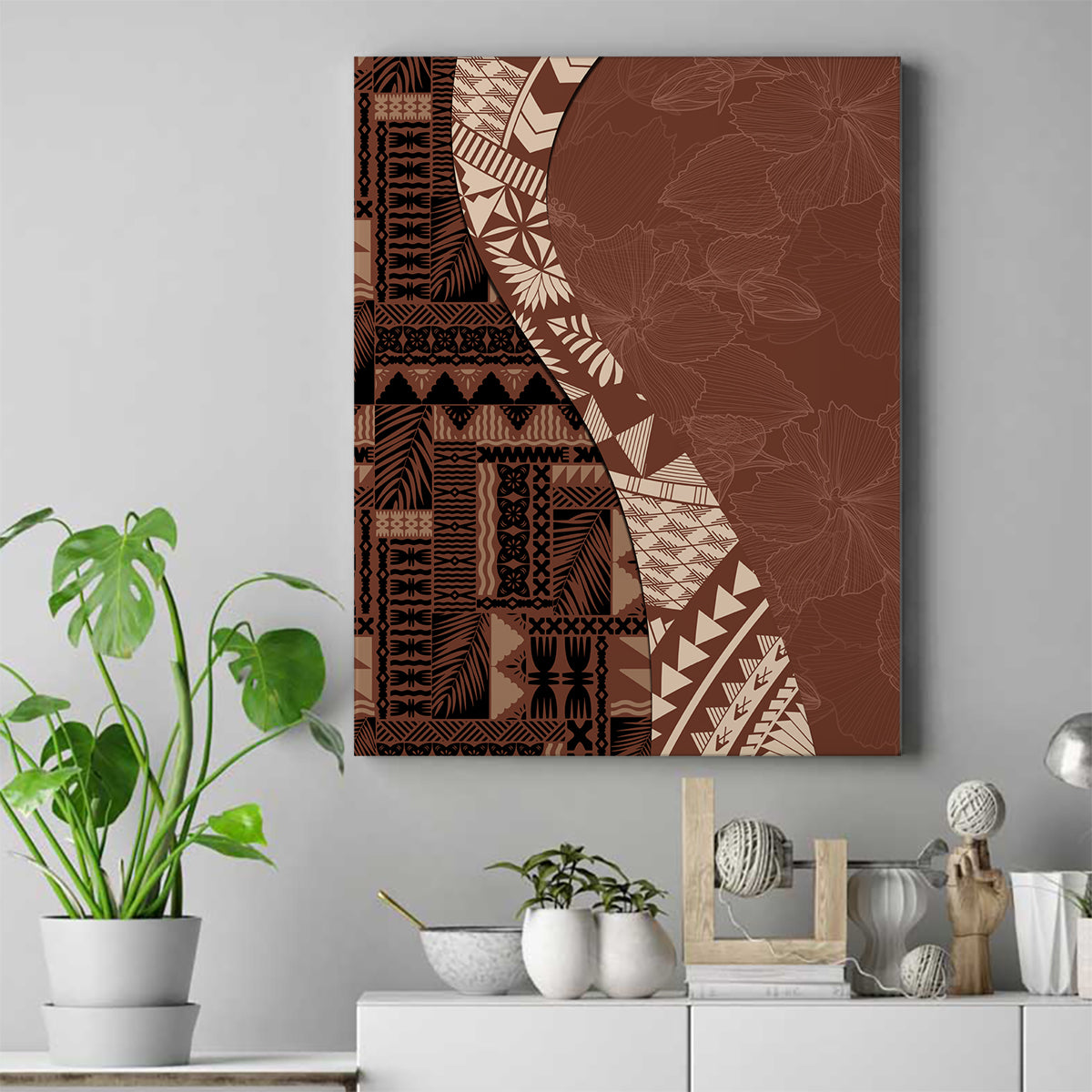 Bula Fiji Canvas Wall Art Tribal Masi Tapa - Brown LT7 Brown - Polynesian Pride