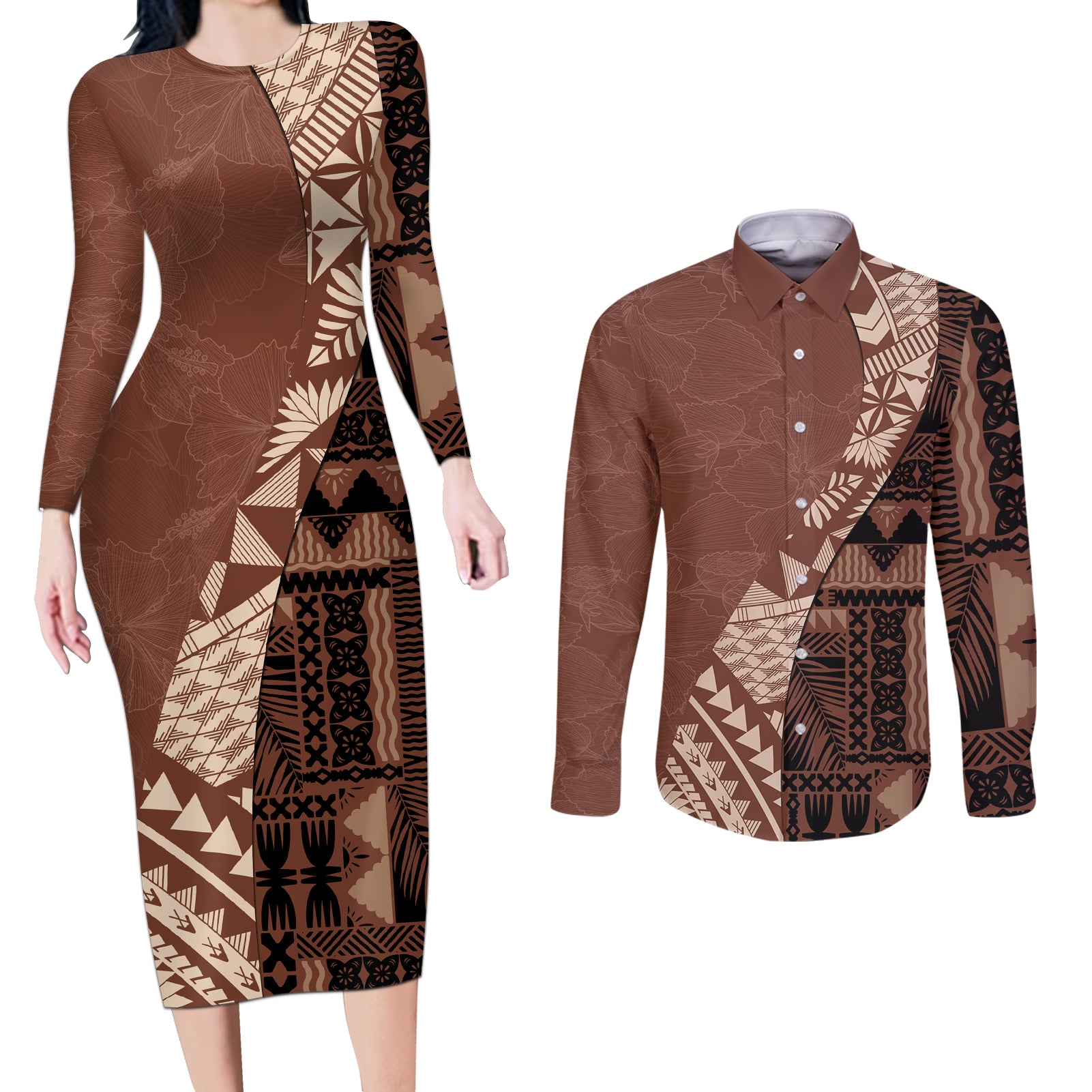 Bula Fiji Couples Matching Long Sleeve Bodycon Dress and Long Sleeve Button Shirt Tribal Masi Tapa - Brown LT7 Brown - Polynesian Pride