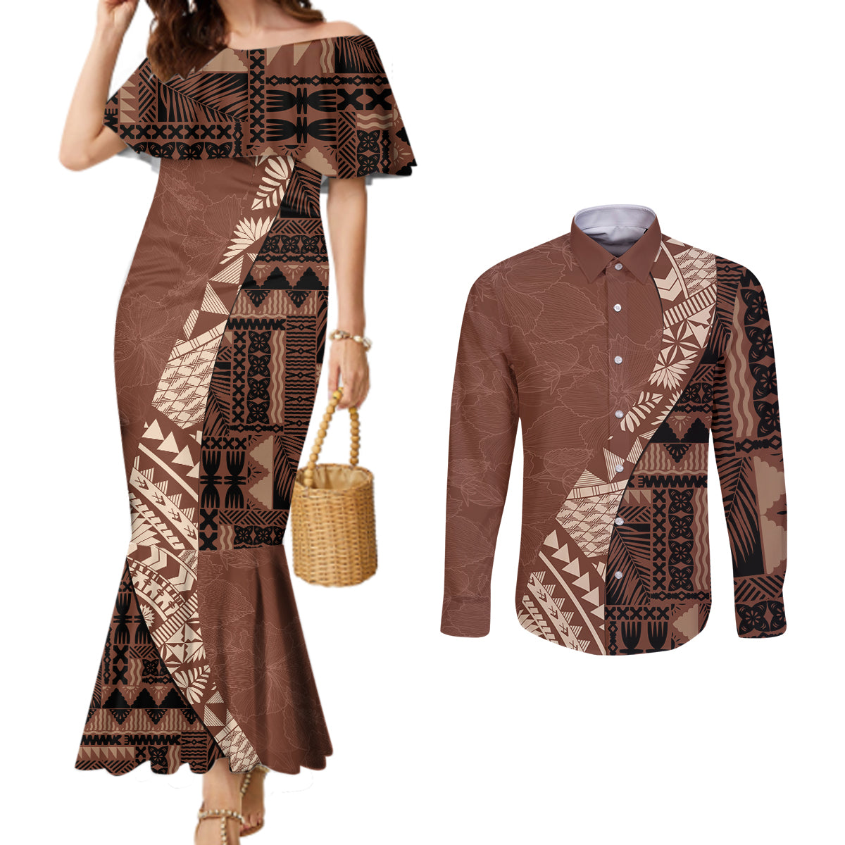 Bula Fiji Couples Matching Mermaid Dress and Long Sleeve Button Shirt Tribal Masi Tapa - Brown LT7 Brown - Polynesian Pride