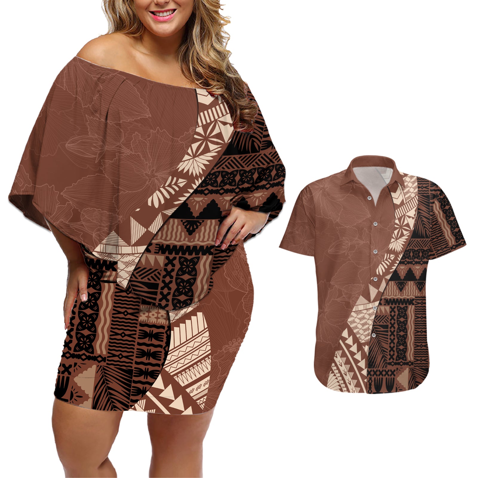 Bula Fiji Couples Matching Off Shoulder Short Dress and Hawaiian Shirt Tribal Masi Tapa - Brown LT7 Brown - Polynesian Pride